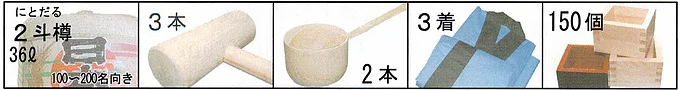 150名参加の場合の菰樽、木槌、柄杓、法被、枡