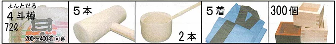 300名参加の場合の菰樽、木槌、柄杓、法被、枡